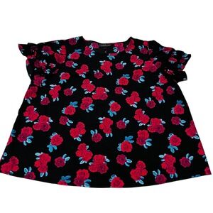 Lane Bryant Black Rose Floral Blouse Size 22 Ruffle Sleeve